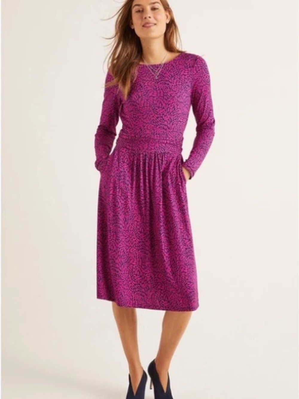 Boden Magenta and Navy Long-Sleeve Midi Dress